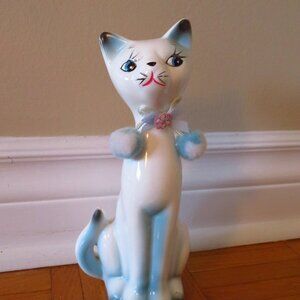 Vintage ceramic figurine of a long-neck cat 1960 kitsch, painted blue MCM Italy